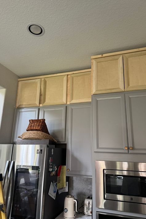 Budget DIY - Extend Kitchen Cabinets to the Ceiling - Pennies for a Fortune In Kitchen Pantry Cabinets, How To Make Kitchen Cabinets Go To Ceiling, Cabinets Up To The Ceiling, Diy Extra Kitchen Cabinets, Floor Ceiling Kitchen Cabinets, Extending Kitchen Cabinets To The Ceiling, Faux Kitchen Cabinets, 9 Ft Kitchen Ceiling, Diy Extend Cabinets To Ceiling