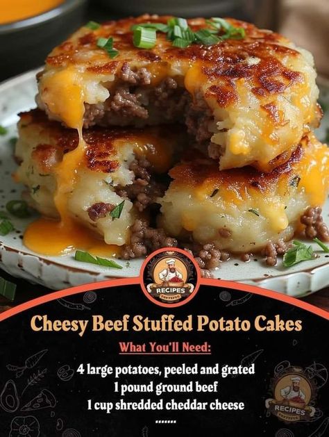 Paula Deen Family kitchen | Cheesy Beef Stuffed Potato Cakes | Facebook Stuffed Potato Cakes, Cheddar Cheese Recipes, Potato Cakes Recipe, Stuffed Potato, Grandma Cooking, Ina Garten Recipes, Dump Meals, Beef Casserole Recipes, Potato Cakes