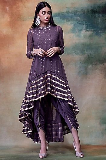 VVANI BY VANI VATS  Featuring a charcoal grey kurta in georgette and crepe base with sequins embroidery. It is paired with a matching dhoti pant. Kurta With Dhoti, Vani Vats, Grey Kurta, Dhoti Pants, Salwar Kamiz, Party Wear Indian Dresses, Dress Indian Style, Pakistani Dress Design, Designs For Dresses