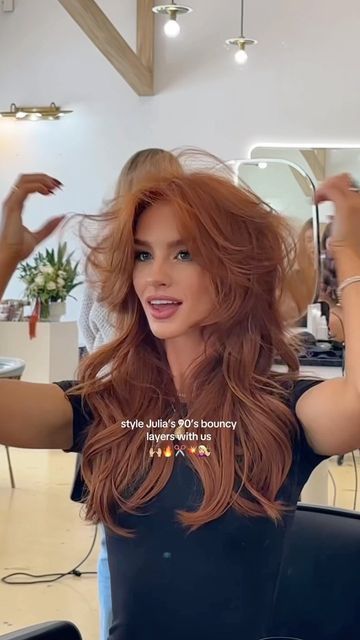 Chrissy Ellingson Rasmussen on Instagram: "Come style @julia.hatchh’s 90’s bouncy layers with us 💇🏼‍♀️🔥✂️🙌🏼💥 Using the best velcro rollers @mykitsch linked in my bio & stories 💫💥✨" Julia Hatch Haircut, 90s Bouncy Layers, 90s Bouncy Hair, Ginger Blowout, Julia Hatch Hair, Red Hair 90s, Red Hair Haircuts, 90s Bouncy Blowout, 90s Layers Haircut