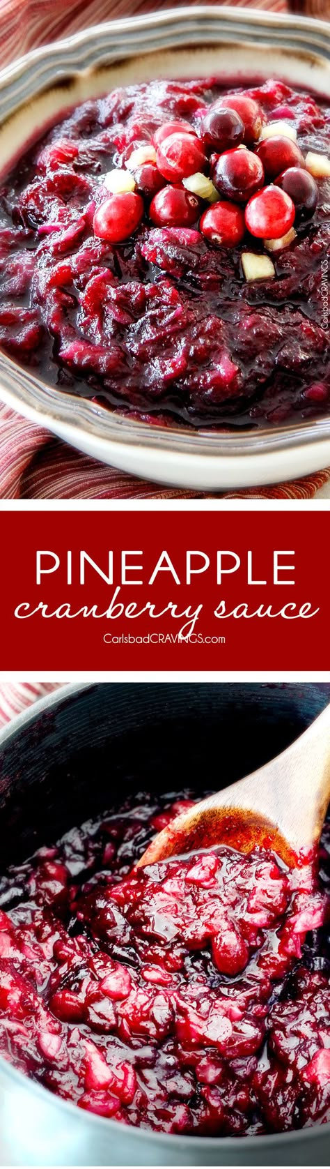 Pineapple Cranberry Sauce – so much better than canned and SO easy! Sweet and tangy and so company rave worthy! This will be your new favorite cranberry sauce for Thanksgiving! via @carlsbadcraving Salsa For Chicken, Carlsbad Cravings, Fruit Salsa, Cranberry Sauce Homemade, Holiday Eating, Thanksgiving Dishes, Cranberry Recipes, Chicken Tortilla, Cranberry Sauce