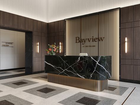 Residential Reception Lobby, Luxury Reception Desk Design, Small Office Lobby Design, Modern Hotel Lobby Reception, Modern Reception Counter Design, Small Reception Design, Reception Design Office, Reception Design Interior, Small Office Lobby