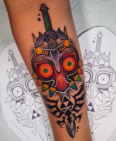 Majora's Mask Tattoo, Mask Tattoo Ideas, Simbolos Tattoo, Nerdy Tattoos, Zelda Tattoo, Gamer Tattoos, Super Smash Bros Brawl, Hawaiian Tattoo, Mask Tattoo