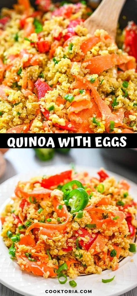 This Quinoa with Eggs and Vegetables is so healthy and tasty. You’ll love this delicious and versatile dish for breakfast, lunch, or dinner. Quinoa And Egg Recipes, Breakfast Quinoa Recipes, Run Fast Eat Slow, Eggs And Vegetables, Breakfast Quinoa, Quinoa Breakfast, Meatless Main Dishes, Easy Zucchini, Baked Salmon Recipes