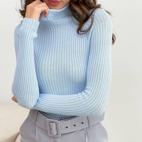 "Cozy light blue seamless minimalist pullover for you!" Light Blue Top Outfit Work, Light Blue Pullover Outfit, Light Blue Turtleneck Outfit, Blue Turtle Neck Outfit, Light Blue And Black Outfit, Blue Turtleneck Outfit, High Neck Sweater Outfit, Light Blue Clothes, Knit Sweater Outfit Winter