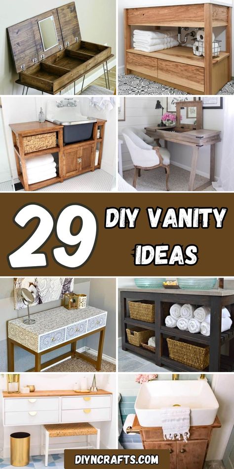 29 DIY Vanity Ideas Dyi Vanity, Diy Vanity Ideas, Cheap Makeup Vanity, Homemade Vanity, Floating Shelf Plans, Large Bathroom Vanity, Unique Vanity, Diy Vanity Mirror, Diy Makeup Vanity