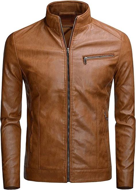 Classic windproof outwear, pairing with jeans, warm and cozy Retro knitted stand collar, adjustable cuffs, front zip closure Premium faux leather, silky soft lining 100% polyester Attractive slim fit light brown jacket for men US Size Design, FBA Fast Delivery Fits For Guys, Stylish Leather Jacket, Brown Faux Leather Jacket, Mens Jackets Casual, Black Faux Leather Jacket, Leather Jacket Style, Men's Leather Jacket, Jacket For Men, Genuine Leather Jackets