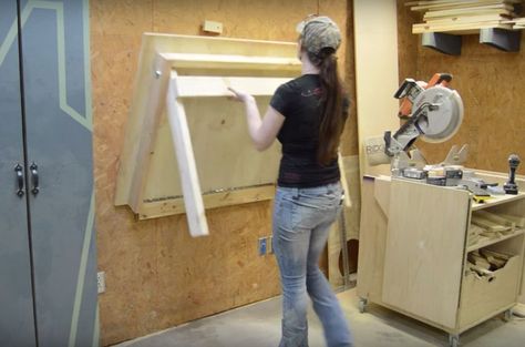 One of my favorite things in my shop is my folding workbench. I love having the ability to fold it down when it's needed, but then tuck it back up into the wall when it isn't. I have a tutorial al... Fold Down Work Bench, Folding Workbench, Diy Workbench, Workbench Plans, Garage Work Bench, Diy Garage Storage, Woodworking Workbench, Diy Bench, Work Bench