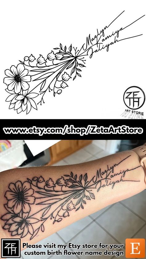 Birth Month Flower Tattoos With Names, Mother Of 3 Tattoo Ideas, Name Flower Tattoo, Name Tattoos On Arm, Birth Month Flower Bouquet, Name Tattoo Design, Outer Forearm Tattoo, Flower Bouquet Tattoo, Mom Tattoo Designs