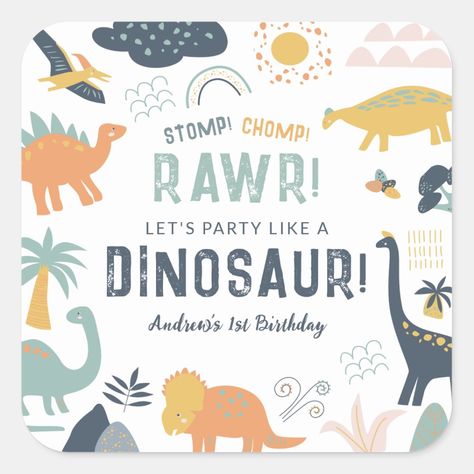 Dinosaur First Birthday Stomp Chomp Roar Square Sticker | Zazzle Dinosaur Printables, Dinosaur Invitations, Dinosaur Birthday Invitations, Dinosaur First Birthday, Dinosaur Birthday Party, Printable Birthday Invitations, Birthday Printables, Dinosaur Birthday, Printable Invitations