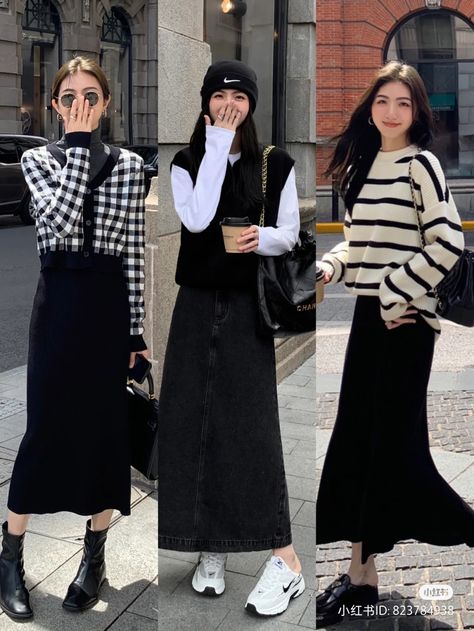 Ootd For Autumn In Japan, Long Skirt Fall Outfits Aesthetic, Korean Long Skirt Outfits For Winter, Korean Outfits Skirts Long, Black Long Skirt Outfit Korean, Asian Fall Fashion, Long Skirt Korean Outfit, Hongkong Winter Outfit, Autumn Ootd Japan