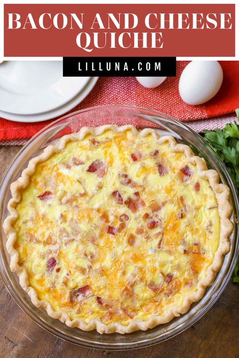 Bacon and Cheese Quiche is the perfect hot breakfast to share with a crowd. It's filling, savory, and full of delicious flavors. #quiche #quicherecipes #breakfastquiche #breakfast #baconandcheese Canadian Bacon Quiche, Bacon Egg And Cheese Quiche, Bacon Cheddar Quiche, Bacon Quiche Recipe, Bacon And Cheese Quiche, Cheese Quiche Recipe, Breakfast Favorites, Savory Breakfast Recipes, Fancy Breakfast