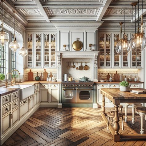 This kitchen should embody the charm of the old world with modern essentials. It should have intricate moulding on its cabinets, finished in white. There should be a big farmhouse sink, shiny brass fixtures and a large wooden table that serves as an island. The walls must be embellished with period-inspired wall papers and illuminated with lantern-style pendant lights hanging from a high ceiling. This image ought to serve as an inspiration for a kitchen remodel. Italian Kitchen Aesthetic, American Classic Kitchen, Vintage Kitchen Aesthetic, Italian Style Kitchen, Modern Country Kitchen, Classic English Kitchen, Italian Kitchens, Modern Country Kitchens, Vintage Inspired Kitchen