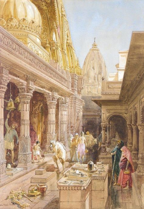 Kashi Vishswanatha Temple, Varanasi by William Simpson, Mid 19th Century - IndianArtAndThinking Kashi Vishwanath, Ancient Indian Architecture, Watercolor Architecture, Dream Vacations Destinations, Golden Temple, Different Art Styles, Gum Arabic, Indian Architecture, Watercolor Images