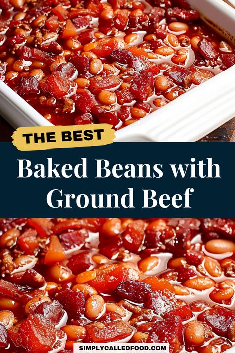 Savor this baked beans with ground beef recipe that combines the perfect blend of flavors. Featuring baked beans with ground beef and bacon, bell peppers, and sausage, this dish is a true Southern delight. With brown sugar and BBQ sauce, it balances sweet and spicy. Whether you use a crock pot or oven, this easy and healthy dinner recipe is made with Bush's canned beans for a hearty meal. Check out this baked beans with ground beef recipe and more ground beef recipes at SimplyCalledFood.com. Ground Beef Baked Beans, Baked Beans With Hamburger, Baked Beans With Ground Beef, Pork And Beans Recipe, Beans With Ground Beef, Ground Beef And Bacon, The Best Baked Beans, Southern Baked Beans, Good Dinners