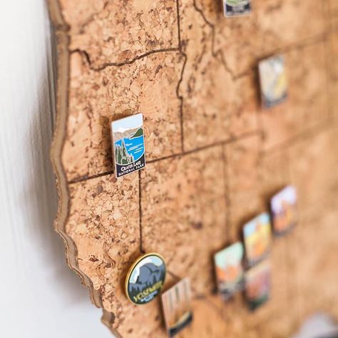 These National Park enamel pins are the best! What a great way to memorialize past adventures using our handmade cork maps! National Park Stickers Display Ideas, National Park Stickers Display, National Park Map Display, National Park Patches Display Ideas, Travel Map Diy Pin Boards, Travel Mural, Cork Map, National Park Patches, Enamel Pin Display