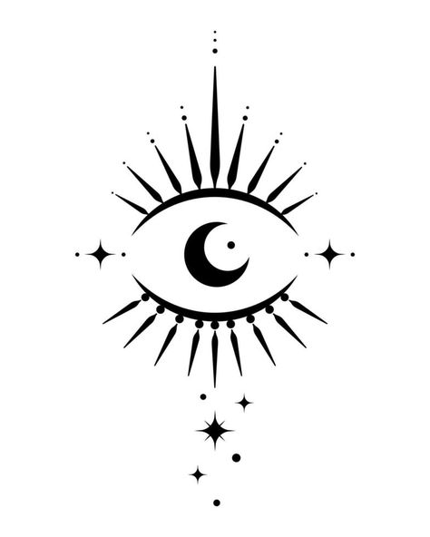 Sacred eye, magic crescent moon in boho style, black vector tattoo isolated on white background. Bohemian logo icon, geometric design alchemy element Sacred Eye Tattoo, Boho Moon Elements, All Seeing Eye Finger Tattoo, Celestial Eye Tattoo, Evil Eye Tattoo Black And White, Evil Eye Moon Tattoo, Eye Symbol Design, Protection Moon Tattoo, Sun Moon Eye Tattoo