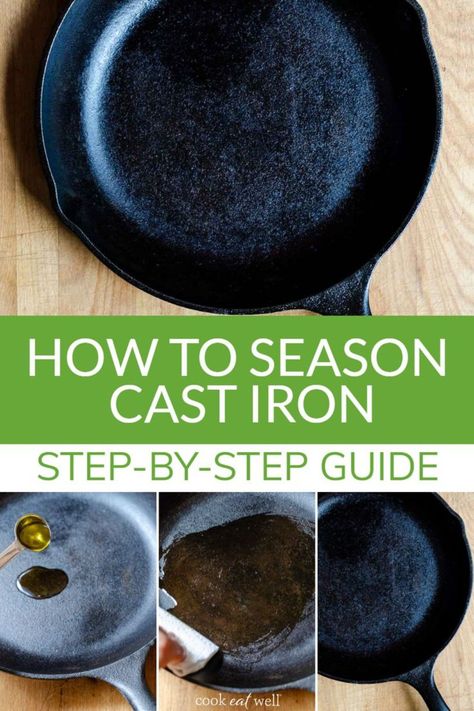 Seasoning a cast iron pan can seem intimidating, but it's actually a simple process. In this guide, we break down the steps and provide tips for cleaning and maintaining your cast iron cookware. No time for a complicated seasoning process? Our guide will teach you how to season a cast iron skillet easily and still get a flawless finish. This simple process will help create a natural non-stick cooking surface for your cast iron pans. Includes type of oil and do's and don'ts for cast iron. Cast Iron Pan Care, Cast Iron Chicken Recipes, Season A Cast Iron Skillet, Cleaning Cast Iron, Cleaning Cast Iron Pans, Season Cast Iron, Season Cast Iron Skillet, Seasoned Cast Iron Pan, Cast Iron Chicken