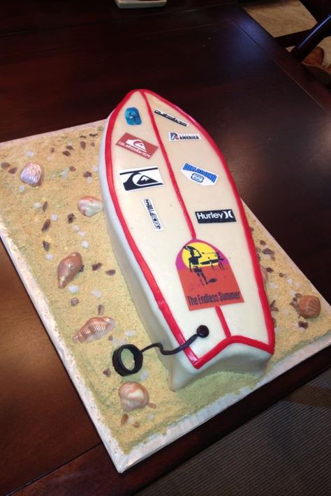 Surfboard cake Surfing Cakes, Beach Birthday Cakes, Surfboard Cake, Surfer Cake, Groomsman Cake, Beach Birthday Cake, Surf Cake, Surf Birthday Party, Surf Birthday