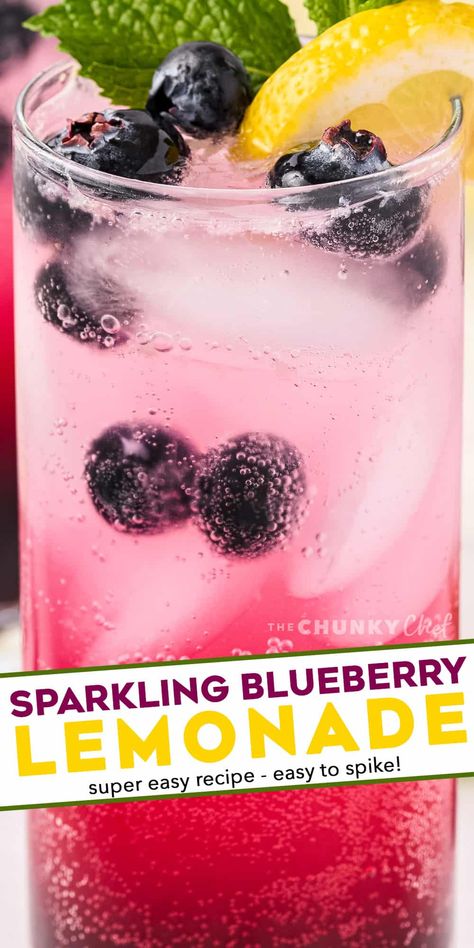 This Sparkling Blueberry Lemonade is the ultimate fun lemonade! Perfect to cool down on a hot day, or to serve at a party. #lemonade #blueberry #drink Raspberry Peach Lemonade, Blueberry Mint Lemonade, Blueberry Punch, Refresher Drinks, Fun Lemonade, Blueberry Drink, Homemade Beverages, Party Lemonade, Limeade Drinks