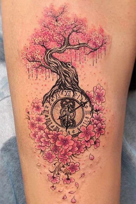 Beautiful Tree Tattoo Designs with a Deeper Meaning to Them ★ Woman Tree Tattoo, Cherry Tree Tattoos, Tree Tattoo Meaning, Cherry Blossom Tree Tattoo, Small Wave Tattoo, Blossom Tree Tattoo, Family Tree Tattoo, Tree Tattoo Designs, Inspiration Tattoos