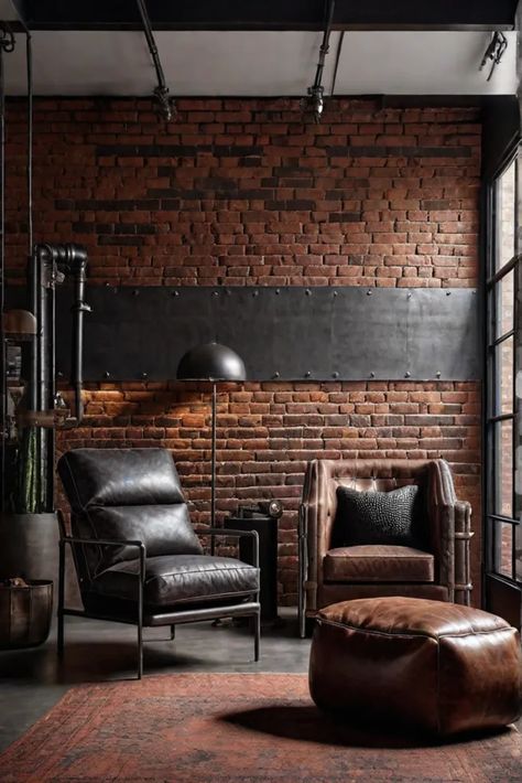 Industrial bedroom with exposed brick and metal accents Industrial House Lighting, New York Design Interior, Luxury Industrial Interior Design, Industrial Design Aesthetic, Industrial Room Bedroom, Painted Brick Interior Wall, Minimal Industrial Interior, Brick Bedroom Ideas, Industrial Loft Bedroom