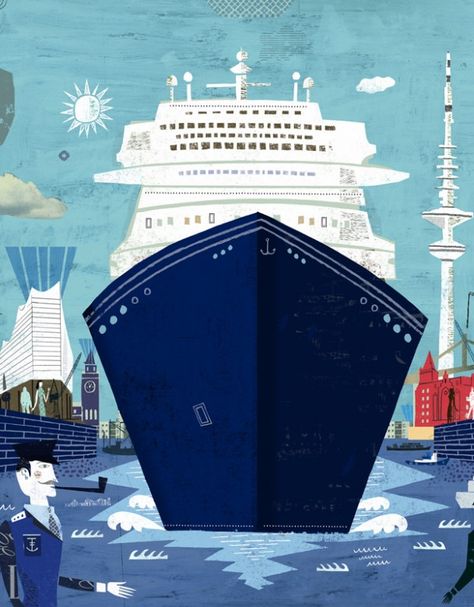 Cruise Ship Illustration by Martin Haake. Ship Illustration, Boat Illustration, Ship Map, Adventure Family, Ship Poster, Cruise Boat, Ferry Boat, Travel Globe, Ship Drawing