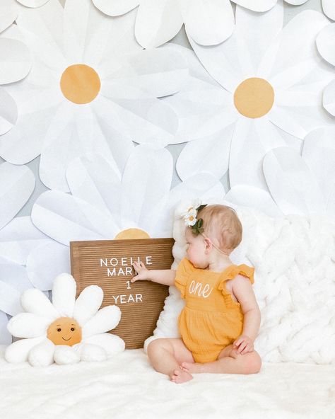 Daisy Themed First Birthday Photoshoot, Daisy 1 Year Photoshoot, Retro Daisy 1st Birthday Party, Retro Daisy Party, Daisy Birthday Photoshoot, Daisy 1st Birthday Party Decorations, Daisy First Birthday Photoshoot, 1st Birthday Girl Daisy Theme, First Birthday Girl Daisy Theme