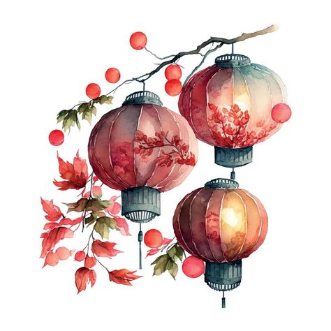 Chinese Lantern Tattoo Traditional, Tanglung Cina Drawing, Chinese Lanterns Painting, Lunar New Year Watercolor, Lampion Aesthetic, Tanglung Cina, Chinese Lantern Art, Chinese Art Drawing, Chinese Lantern Drawing