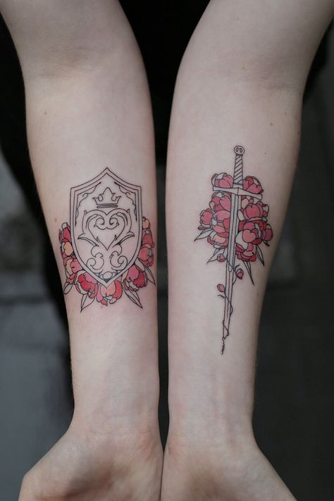 Sword and shield Dagger Tattoo Feminine, Tattoo Artist Portfolio, Shield Tattoo, Couple Matching Tattoo, Red Baron, Dagger Tattoo, Matching Tattoo, Book Tattoo, Tattoo Designs And Meanings