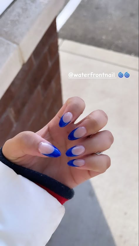 Black Nails With Blue Tips, Electric Blue French Nails, Cobalt Blue Nails French Tip, Royal Blue Oval Nails, Cobalt Blue French Tip Nails, Almond Blue French Tip Nails, Coloured French Tip Acrylic Nails, Electric Blue French Tip Nails, Royal Blue Nails French Tips