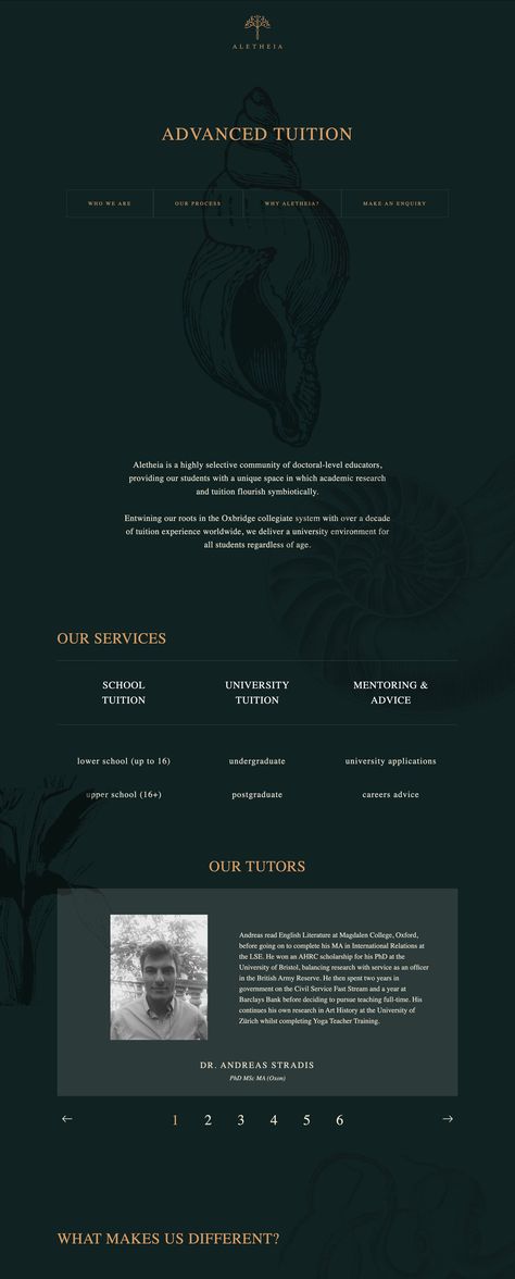 Stunning dark green and gold color scheme in this One Pager for Aletheia who offer private tuition. Green And Gold Color Scheme, Gold Website, One Pager, Green Web, Website Color Palette, Dark Color Palette, Gold Color Palettes, One Page Website, Gold Palette