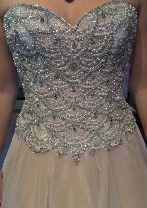 My absolutely beautiful wedding dress! Beadwork Designs For Dress, Beading Dress Detail, Bead Designs Pattern For Dress, Bedazzled Dress Diy, Beads Work On Dress, Embroidery Beads Dress, Beeds Work On Dress Neck, Beading Designs On Corset, Hand Beaded Embroidery