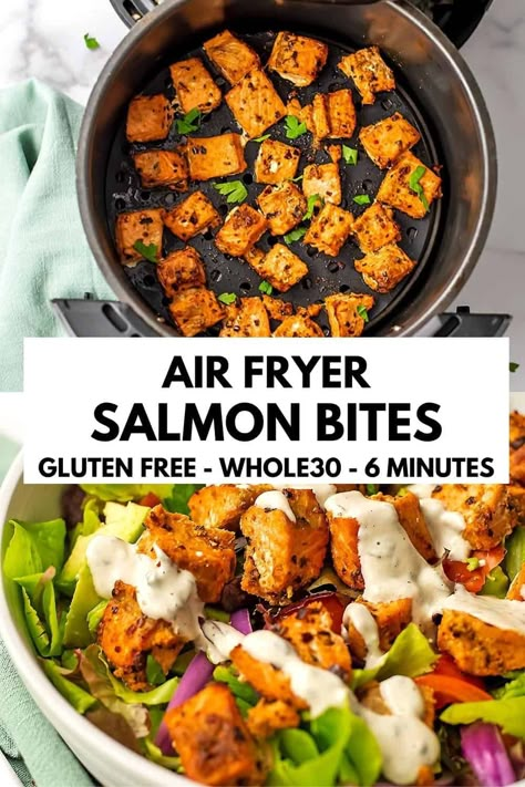 Paleo Air Fryer Salmon, Whole 30 Airfryer Recipes, Air Fryer Salmon Salad, Airfry Salmon Bowl, Whole 30 Salmon Bowl, Gluten Free Salmon Bowl, Paleo Salmon Bowl, Asian Salmon Bites Air Fryer, Quick Dinner Ideas Healthy Air Fryer