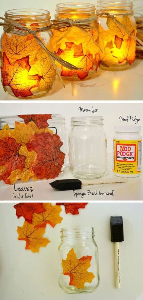 Check out 16 DIY Crafts for Fall at | Autumn Leaf Mason Jar Candle Holder by DIY Ready at http://diyready.com/16-diy-crafts-for-fall/ Leaf Mason Jar Candle, Projek Diy, Kerajinan Diy, Mason Jar Candle Holders, Autumn Weddings, Jar Candle Holder, Dekor Diy, Diy Thanksgiving, Autumn Crafts