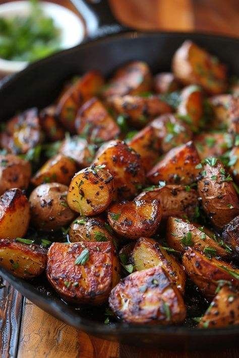 Golden, roasted potatoes garnished with fresh herbs in a skillet. Seasoned Diced Potatoes, Ways To Prepare Potatoes, Southern Potato Recipes, Pan Fried Potatoes Recipe, Sauted Potatoes Recipes, Diced Potatoes Skillet, Fried Russet Potatoes, Diced Potato Recipes, Fried Potatoes Skillet