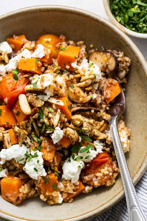 Sweet Potato and Mushroom Grain Bowl Recipe - Fit Foodie Finds Mushrooms And Sweet Potatoes, Mushroom Buddha Bowl, Mushroom Grain Bowl, Sweet Potatoes And Mushrooms, Mushroom Bowl Recipe, Sweet Potato And Mushroom Recipes, Mushroom Sweet Potato Recipes, Sweet Potato Mushroom Recipe, Sweet Potato Grain Bowl