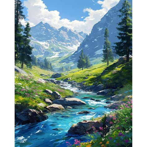 Landscape Mural Painting, Acrylic Painting Canvas Nature, Relaxing Paintings, Acrylic Painting Scenery, Landscape Paintings Easy, Nature Scenery Painting, Mountain Painting Acrylic, Nature Paintings Acrylic, Acrylic Painting Landscape