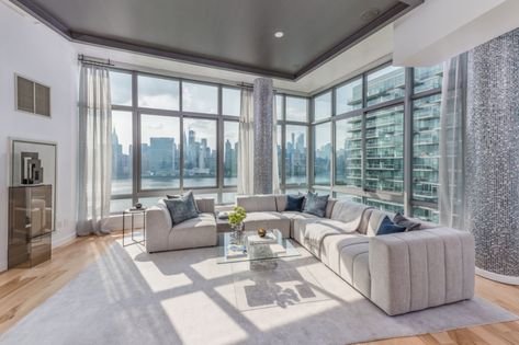 New York City ~ Queens | Living room,  The View, 46-30 Center Boulevard, behind Gantry Plaza State Park, Long Island City City Penthouse, Apartment View, Limestone Wall, New York City Apartment, New York Homes, Island City, Home Inspector, Bar Seating, Dining Nook