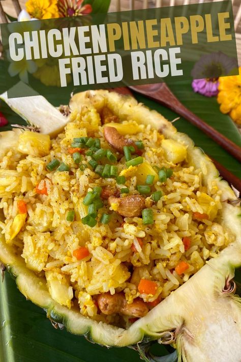 A pineapple shell filled with fried rice, vegetables, cashews, and protein. Pineapple Curry Chicken, Chicken Pineapple Fried Rice, Pineapple Rice Recipes, Curry Rice Recipes, Easy Thai Chicken, Pineapple Fried Rice Recipe, Curry Fried Rice, Curry Chicken And Rice, Chicken Pineapple