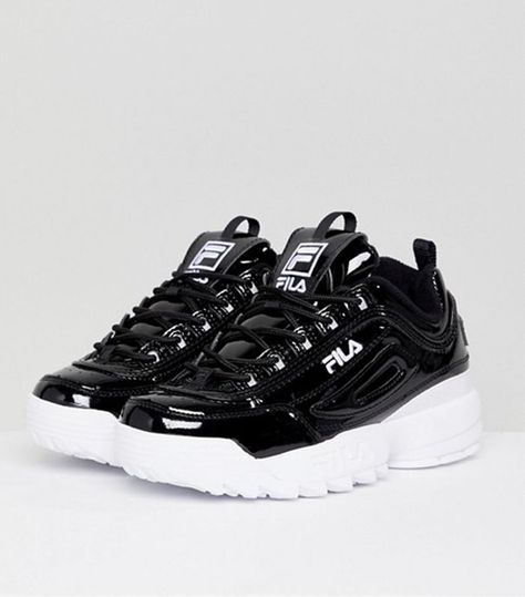 Disruptor Sneakers in Patent Black Tennis Apparel, Fila Disruptor, Kawaii Shoes, Fila Shoes, Fresh Shoes, Cute Sneakers, Hype Shoes, Girly Shoes, Aesthetic Shoes