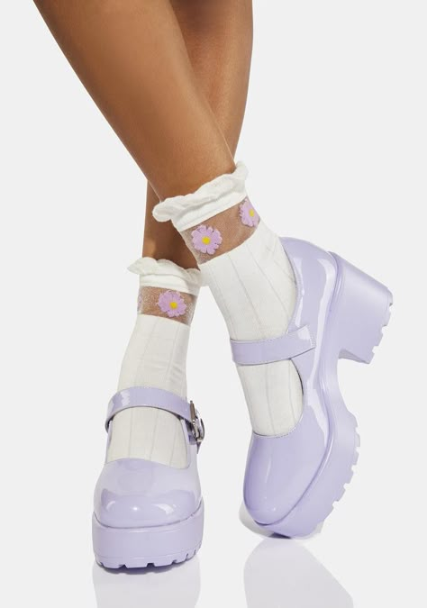 Koi Mary Janes, Koi Footwear Mary Janes, Leg References, Purple Mary Janes, Koi Shoes, College Shoes, Koi Footwear, Purple Fits, Dress Cottagecore