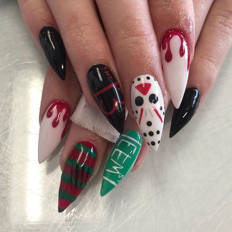 Friday the 13th/Nightmare on Elm Street nails Friday 13 Nail Art, Friday The 13 Nail Art, Friday The 13th Nails Acrylic, Friday 13 Nails, Jason Nail Art, Friday 13th Nails, Friday The 13 Nails, Jason Halloween Nails, Jason Voorhees Nails