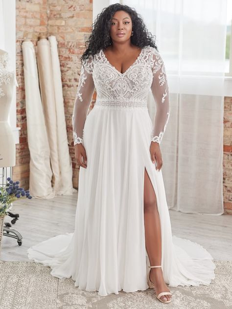 Lorraine Dawn Lynette Long Sleeve Wedding Dress | Rebecca Ingram Bridal Closet, Rebecca Ingram, Plus Size Wedding Dresses, Plus Size Wedding Gowns, Ivory Gown, Curvy Bride, Chiffon Wedding Dress, Beaded Chiffon, Sleeve Wedding Dress