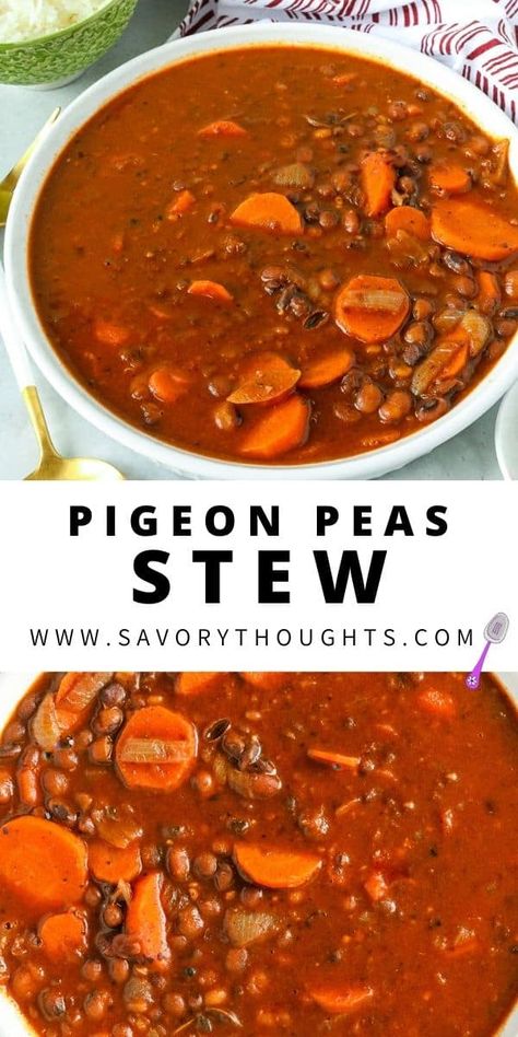 Instant Pot Pigeon Peas - A satisfying vegan stew, straight from my native country, Haiti. This humble pigeon peas quickly comes together to complete a satisfying meal. #instantpot #pigeonpeas #stew #pigeon #peas #haitian #haitianrecipes #stewrecipes via @Msavorythoughts Pigeon Peas Soup, Pigeon Pea Soup, Pigeon Pea Recipes, Gungo Peas Soup, Pigeon Peas Recipe, Vegan Stew Recipes, Peas Soup, Field Meals, Food Grains