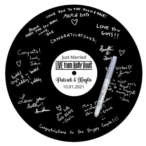 Custom vinyl record with personalized label in the middle of the record. The label is totally customizable and can be any picture, color, or font you would like to have! Perfect for Weddings, Anniversaries, Birthdays, or any Celebration!! Please contact me if you have any questions or ideas!! Thanks for checking out Robson Records! Vinyl Record Guest Book Sign, Celebration Pictures, Record Wedding, Custom Record, Personalized Wedding Decor, Wedding Guest Books, Birthday Personalized, Custom Label, Guest Books