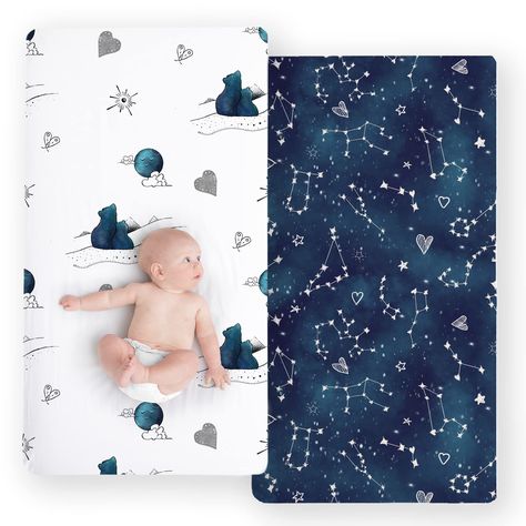 PRICES MAY VARY. Soft & Breathable - Our 100% cotton crib sheets offer cozy comfort for your baby's best night's sleep. These breathable crib sheets are hypoallergenic, making them an ideal choice for your little one. Perfectly Fitted - Our 28 x 52 in. crib mattress sheets are fully elasticized for a secure fit on standard crib mattresses and toddler beds. Easy to put on and stays snug all night. Proven Durability - Able to withstand countless washes and the hustle of parenting, our sheets keep Navy Crib Bedding, Constellation Nursery, Galaxy Nursery, Night Nursery, Eclectic Nursery, Teddy Bear Nursery, Baby Crib Mattress, Baby Boy Nursery Themes, Baby Crib Sheets