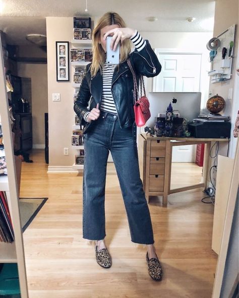 What I Wore this week | Striped Turtleneck | Leather Jacket | Levi's 501 Ribcage | Animal Print Loafers | Chanel bag | livelovesara Blazer En Cuir, Ribcage Jeans, Lit Outfits, Mum Fashion, Everyday Clothes, Jeans Outfit, Fashion Over 40, What To Pack, High Fashion Street Style