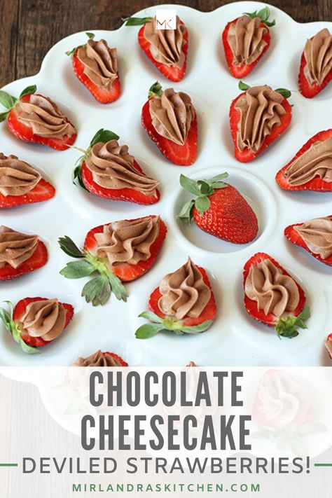 This twist on 2 classics is just what you need when you are itching to leave winter behind and embrace spring with open arms! Chocolate cheesecake deviled strawberries are a perfect appetizer or dessert or even snack for spring and summer! Chocolate and strawberries, classic, deviled eggs, classic, chocolate cheesecake filling piped into strawberry halves resembling deviled eggs, new classic! Try this no bake recipe today! #chocolate #dessertrecipe #snackrecipe #homemade #fromscratch #easyrecipe Deviled Strawberries, Classic Deviled Eggs, Creamy Chocolate Cheesecake, White Chocolate Raspberry Cheesecake, No Bake Recipe, Chocolate Raspberry Cheesecake, Elegant Appetizers, Cheesecake Filling, Summer Dessert Recipes