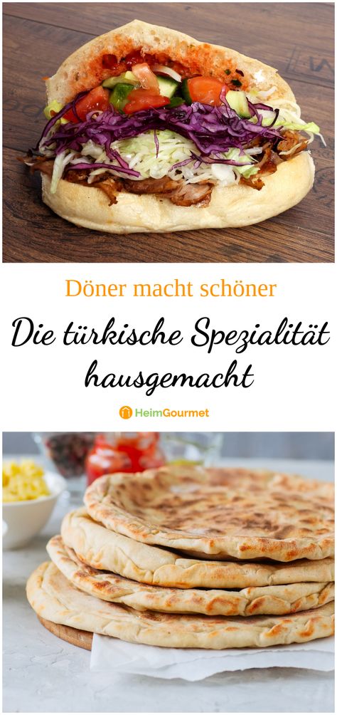 Döner gehört zum absoluten Soulfood! Doch habt ihr schon mal versucht, die Köstlichkeit zu Hause selbst zuzubereiten? Wir haben eine Anleitung für euch, wie man den Döner von A-Z selber macht, vom Fladenbrot über die leckere Sauce bis zur Füllung.   #heimgourmet #rezepte #rezeptideen #lecker #yummy #einfacherezepte #döner #türkischegerichte #kebab Kebab Sauce, Döner Kebab, Pain Pita, German Food, Man Den, Fun Drinks, Salmon Burgers, Pita, Sandwiches